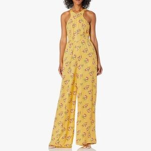 NWT Jill Jill Stuart Floral Dot Jacquard Halter Sleeveless Zip Jumpsuit Yellow 2